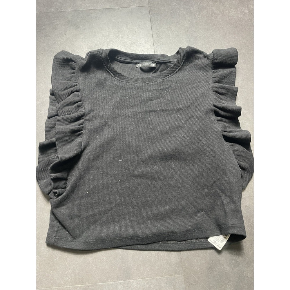 Zara Black Ribbed Cropped Ruffled‎ Top Size S  F-101
